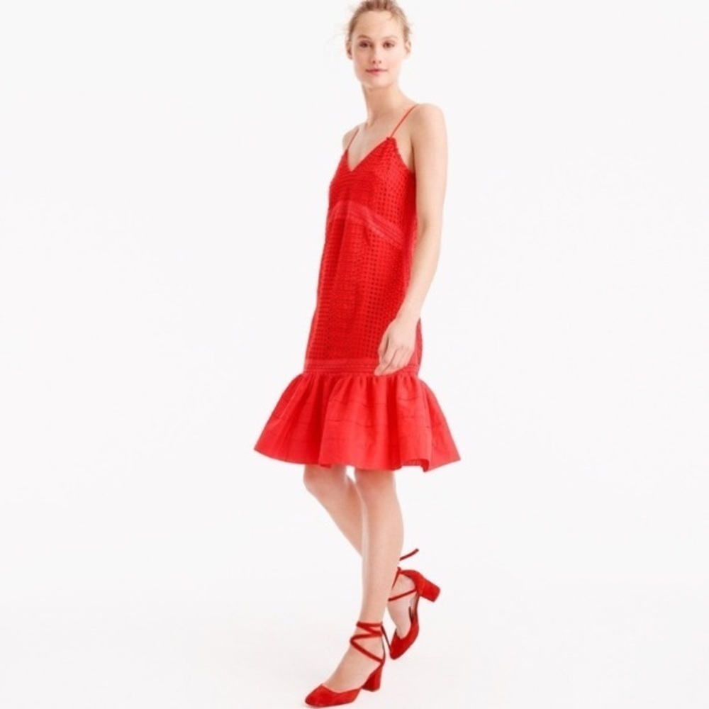 J. Crew Red Ruffle-hem Spaghetti-strap Dress In Eyelet Size 2 US